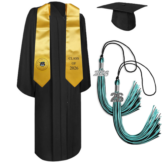 Cap, Gown & Tassel with Ice or Mascot Tassel and Custom School Stole