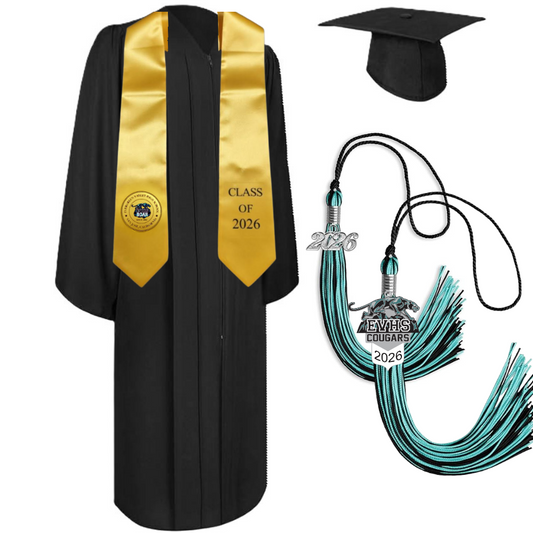 Cap, Gown & Tassel with Ice or Mascot Tassel and Custom School Stole