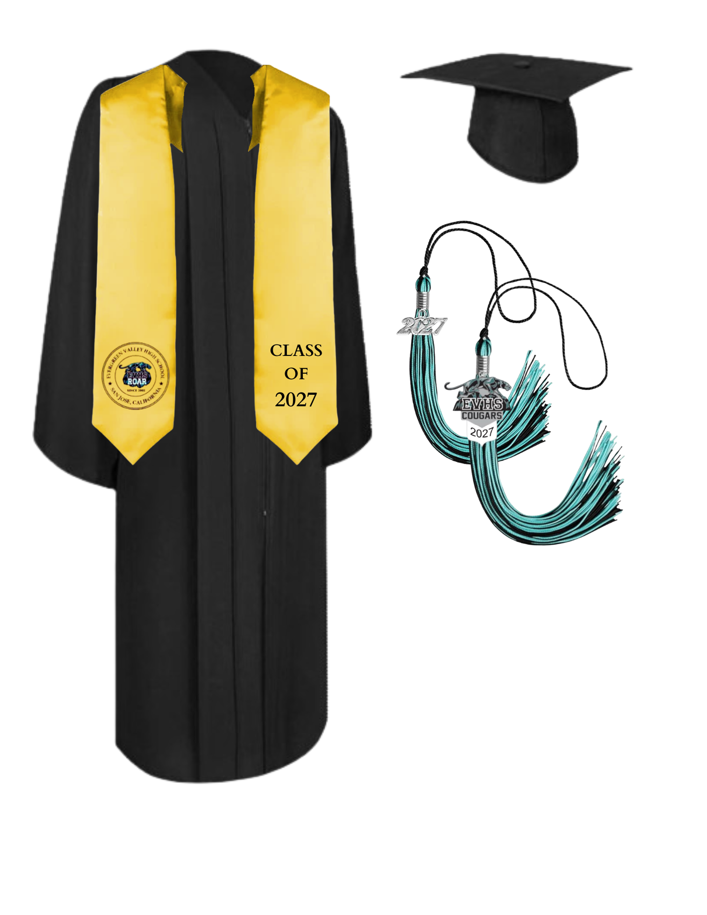 Cap, Gown & Tassel with Ice or Mascot Tassel and Custom School Stole