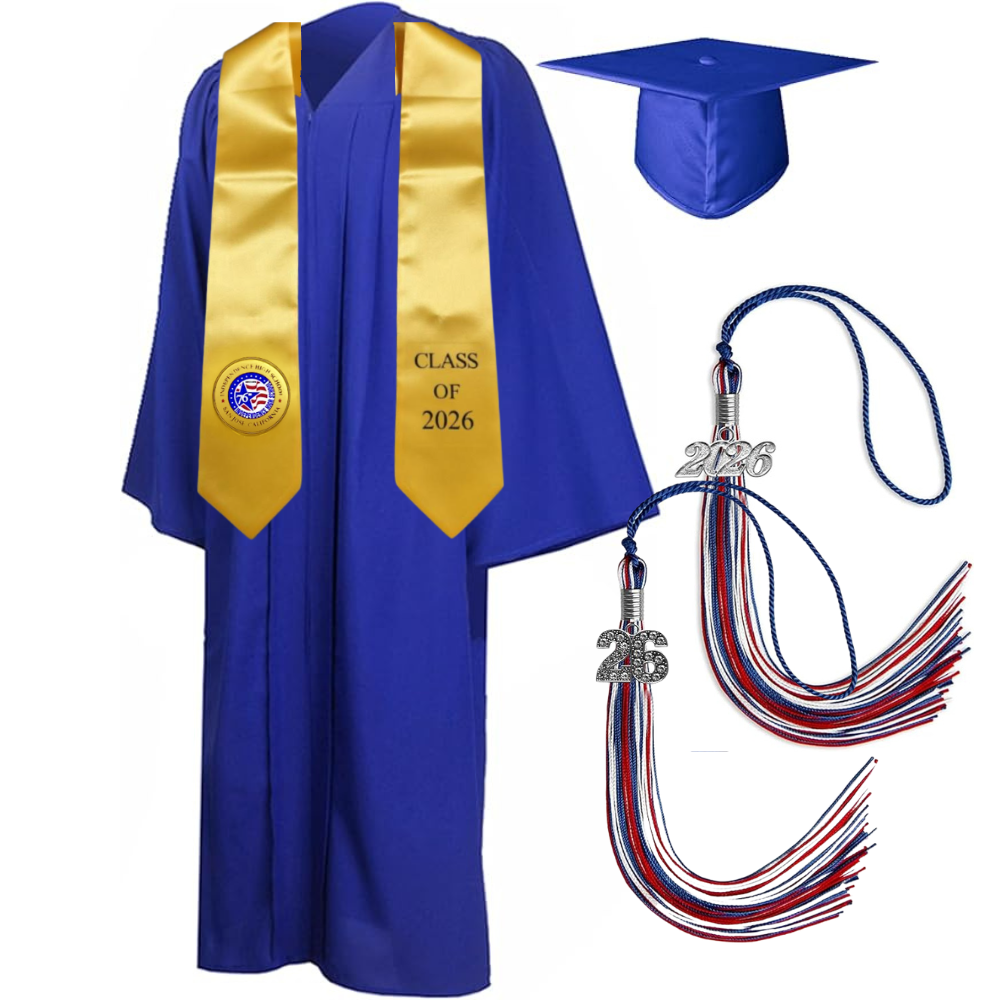 Cap, Gown & Tassel with Ice or Mascot Tassel and Custom School Stole