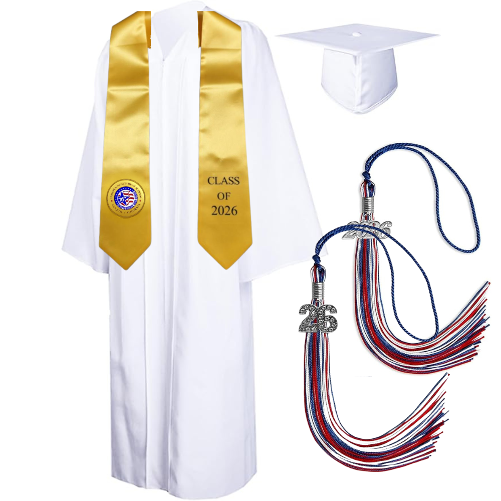Cap, Gown & Tassel with Ice or Mascot Tassel and Custom School Stole