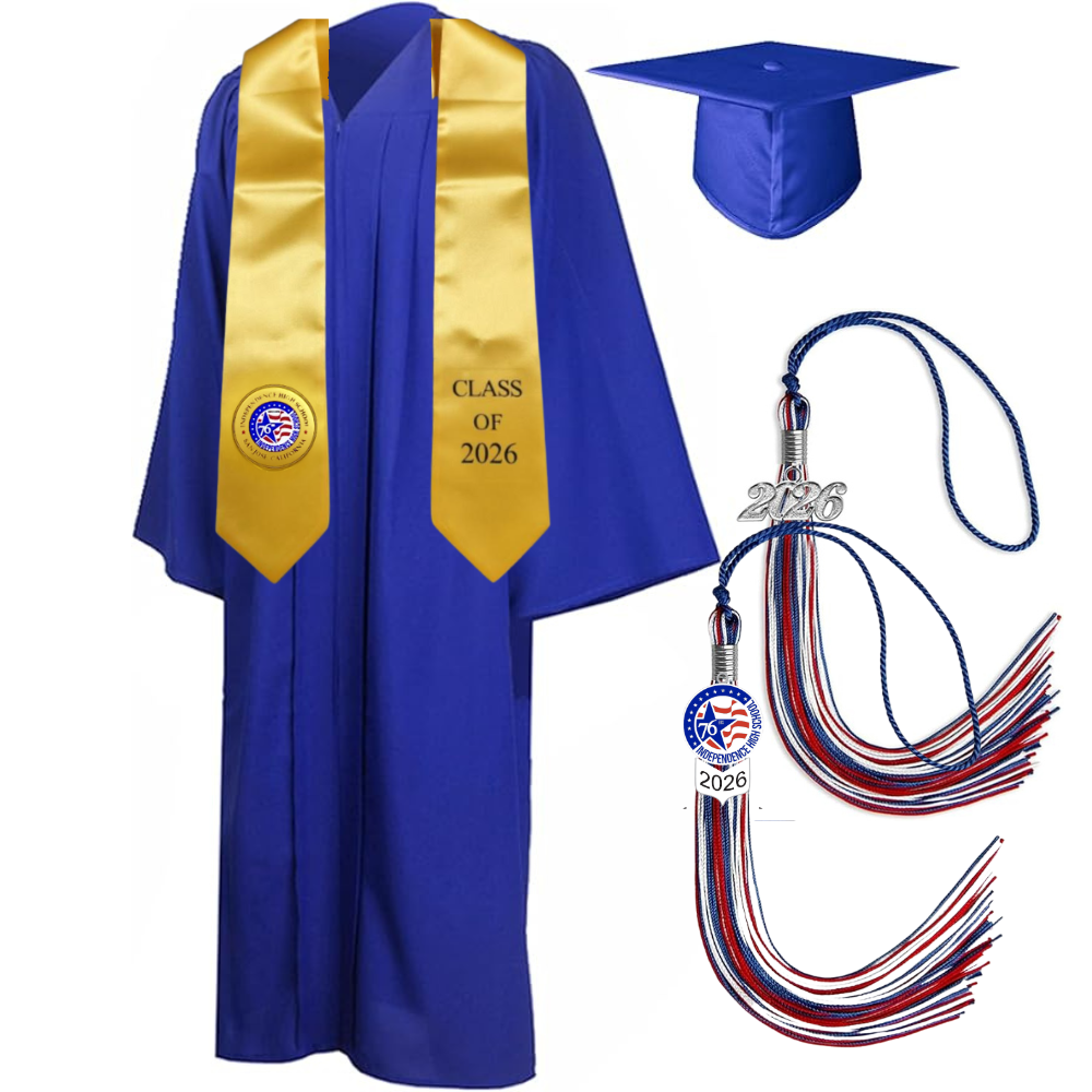 Cap, Gown & Tassel with Ice or Mascot Tassel and Custom School Stole
