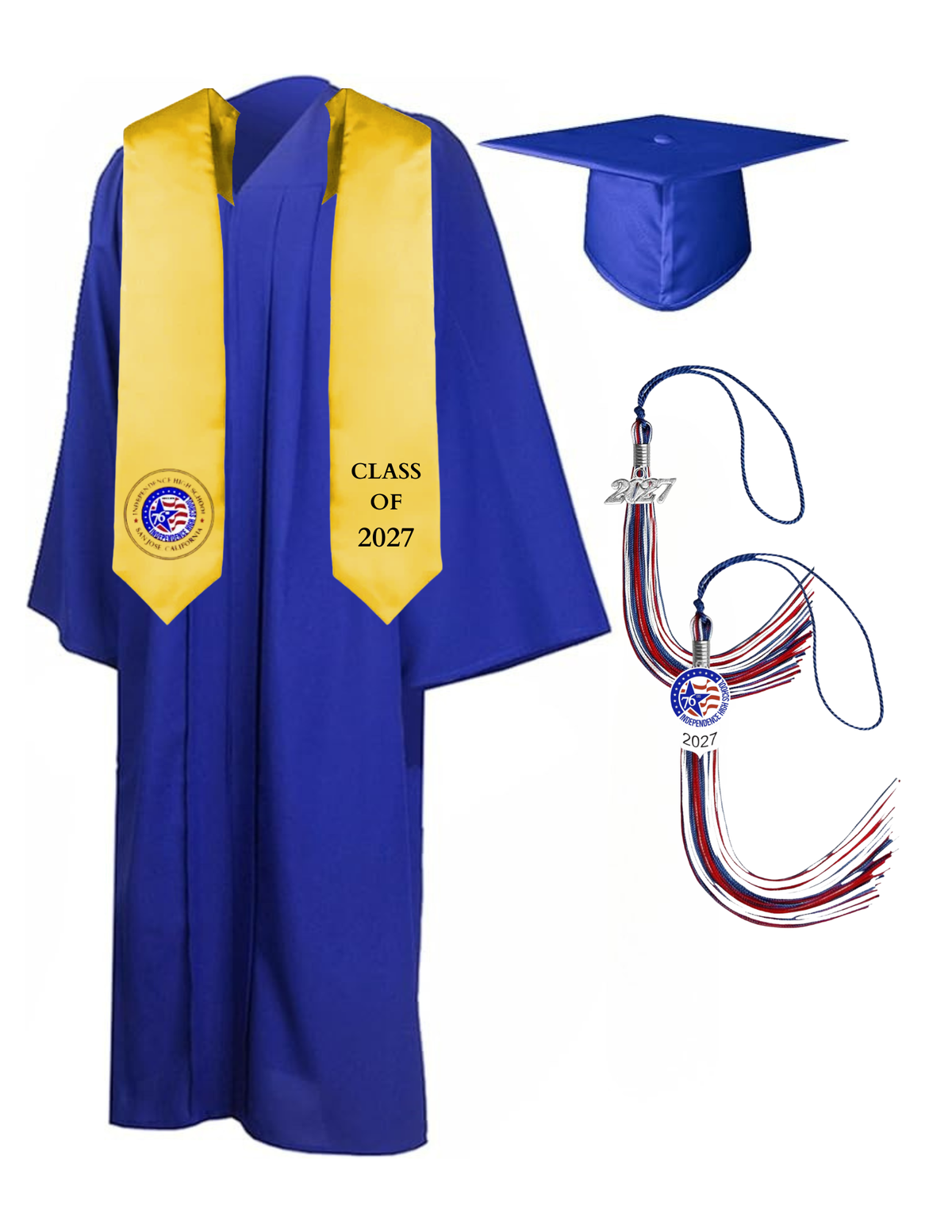Cap, Gown & Tassel with Ice or Mascot Tassel and Custom School Stole