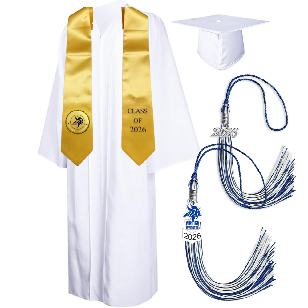 Cap, Gown & Tassel with Ice or Mascot Tassel and Custom School Stole