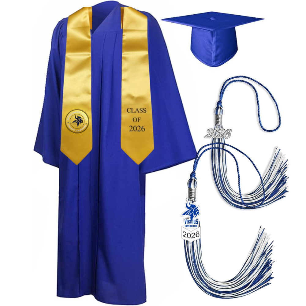 Cap, Gown & Tassel with Ice or Mascot Tassel and Custom School Stole