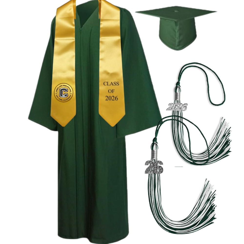 Cap, Gown & Tassel with Ice or Mascot Tassel and Custom School Stole