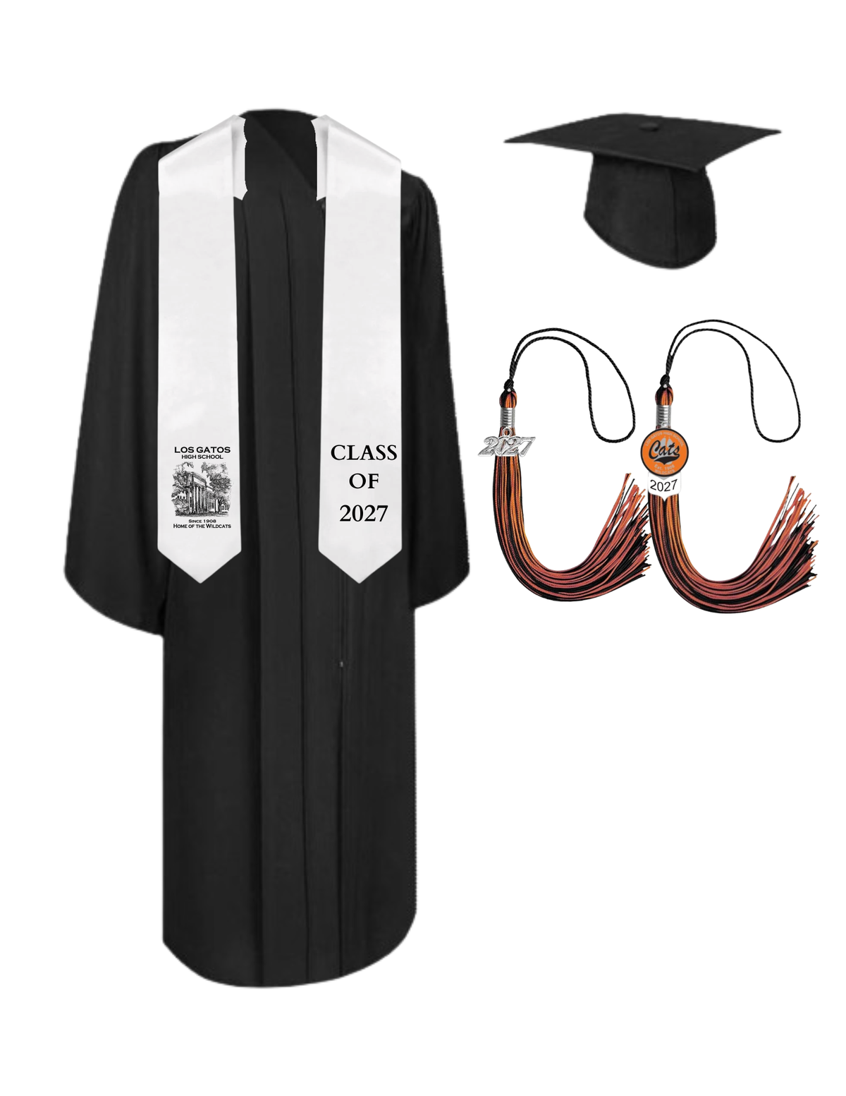 Cap, Gown & Tassel with Ice or Mascot Tassel and Custom School Stole