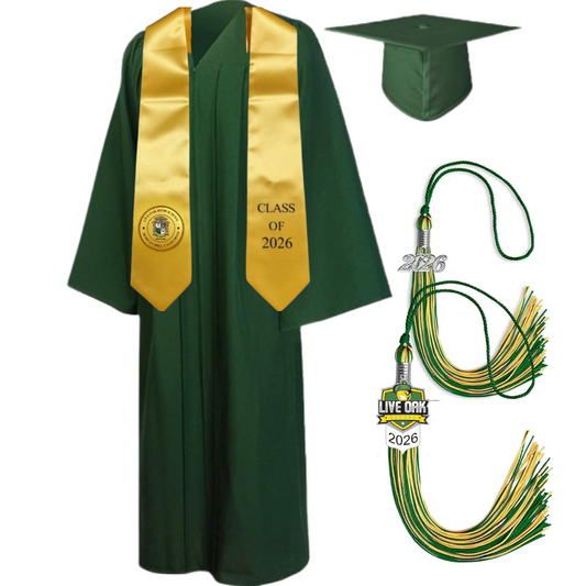 Cap, Gown & Tassel with Ice or Mascot Tassel and Custom School Stole