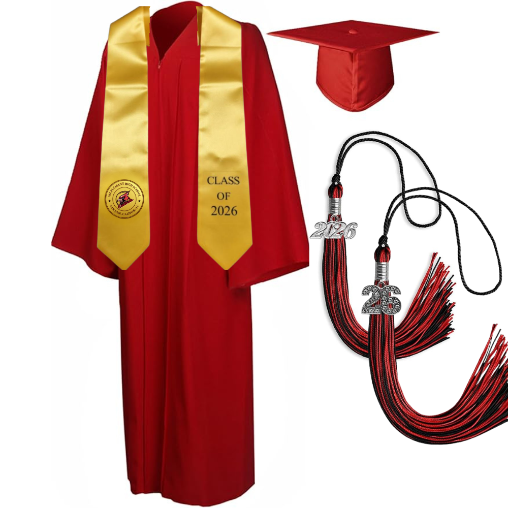 Cap, Gown & Tassel with Ice or Mascot Tassel and Custom School Stole