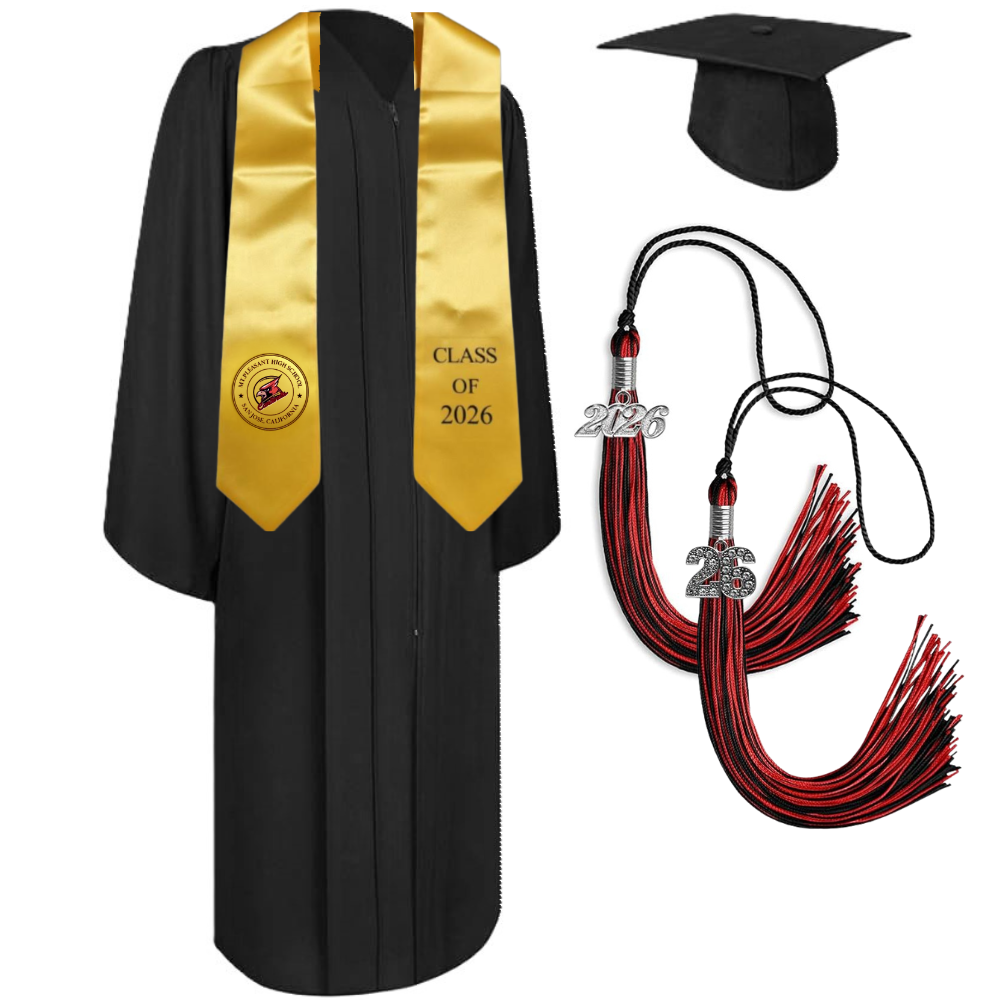 Cap, Gown & Tassel with Ice or Mascot Tassel and Custom School Stole