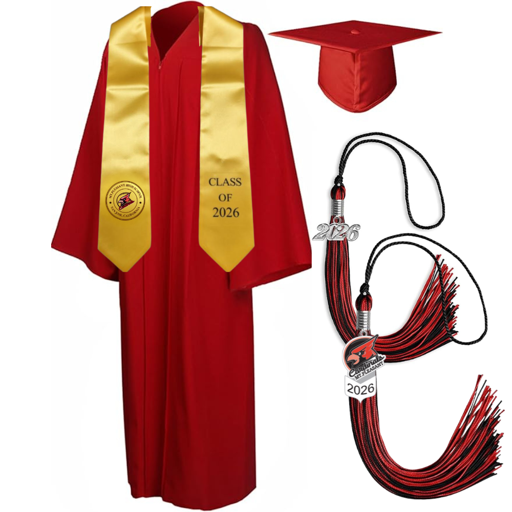 Cap, Gown & Tassel with Ice or Mascot Tassel and Custom School Stole