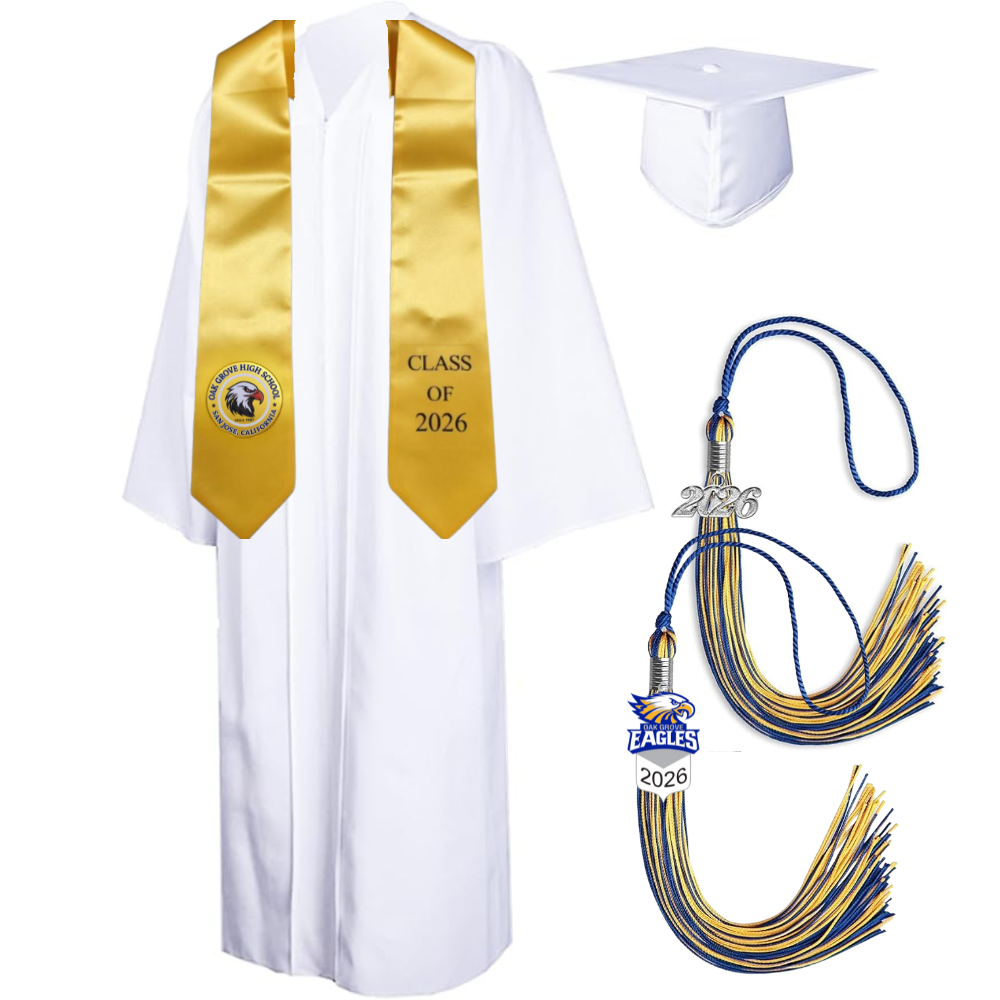 Cap, Gown & Tassel with Ice or Mascot Tassel and Custom School Stole