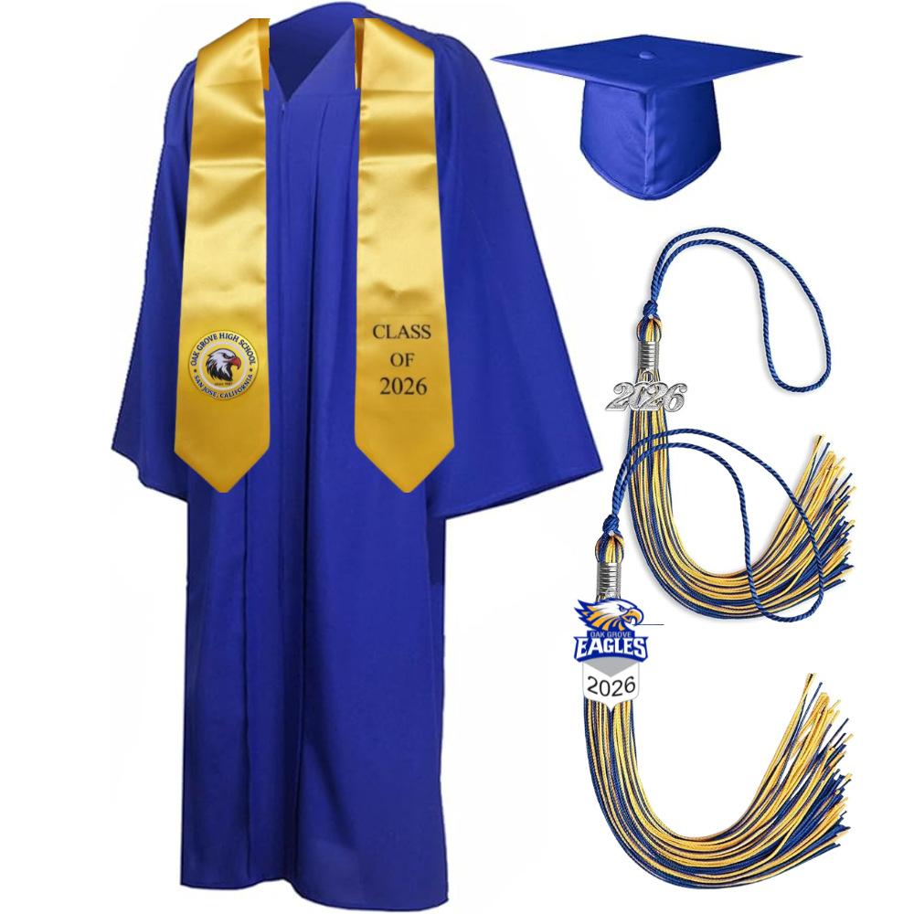 Cap, Gown & Tassel with Ice or Mascot Tassel and Custom School Stole