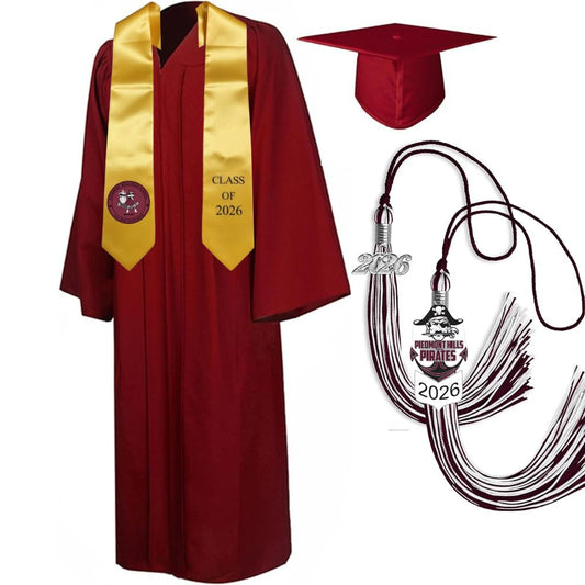 Cap, Gown & Tassel with Ice or Mascot Tassel and Custom School Stole