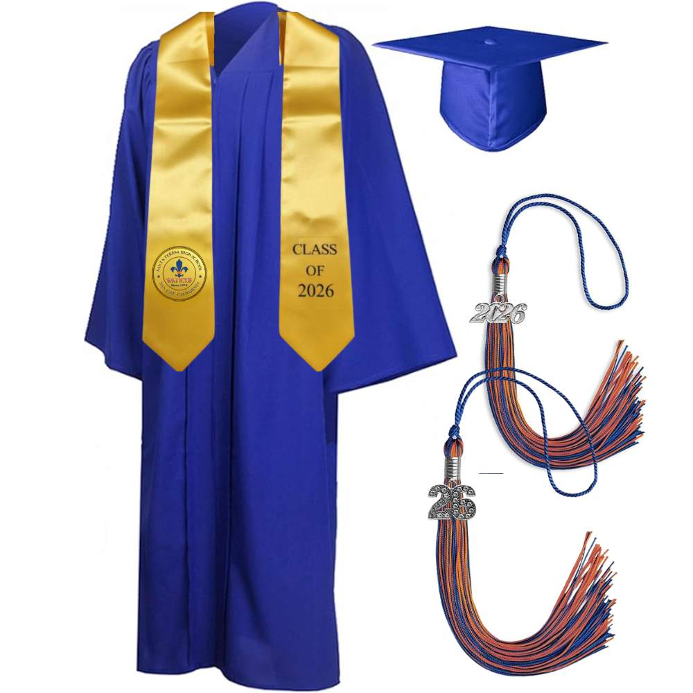 Cap, Gown & Tassel with Ice or Mascot Tassel and Custom School Stole