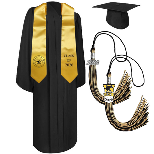 Cap, Gown & Tassel with Ice or Mascot Tassel and Custom School Stole