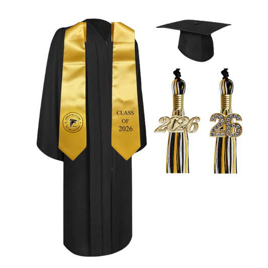 Cap, Gown & Tassel with Ice or Mascot Tassel and Custom School Stole