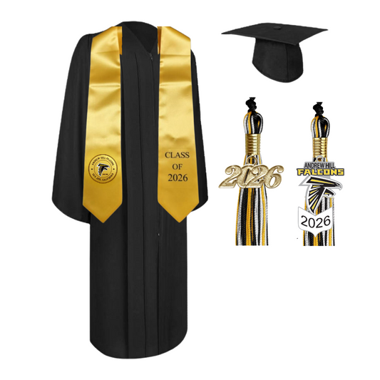 Cap, Gown & Tassel with Ice or Mascot Tassel and Custom School Stole