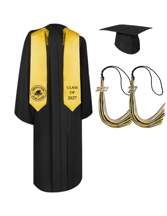 Cap, Gown & Tassel with Ice or Mascot Tassel and Custom School Stole