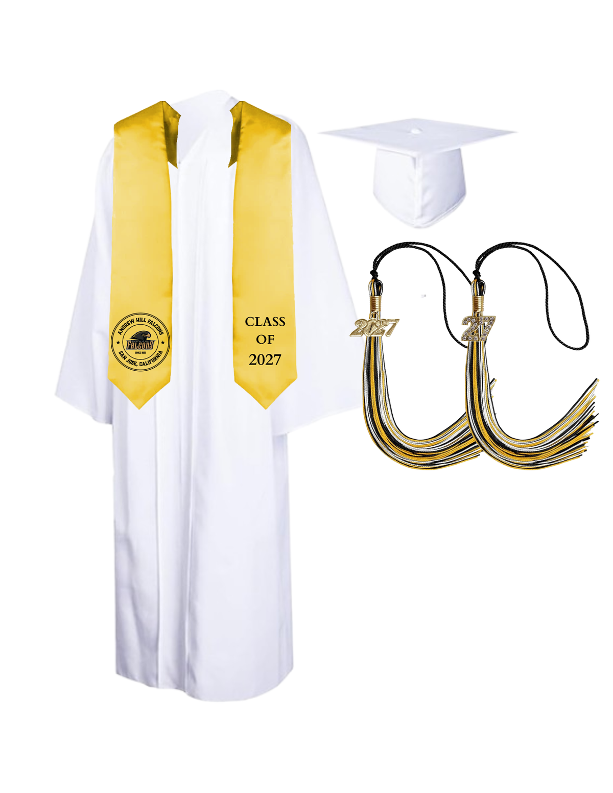 Cap, Gown & Tassel with Ice or Mascot Tassel and Custom School Stole