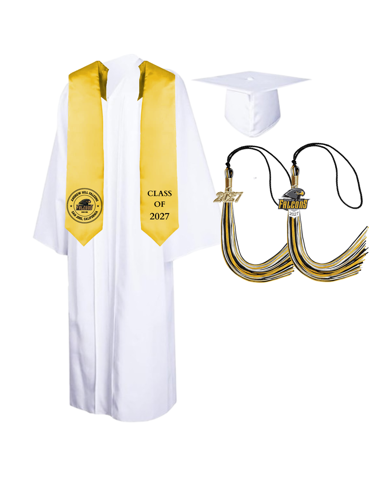 Cap, Gown & Tassel with Ice or Mascot Tassel and Custom School Stole