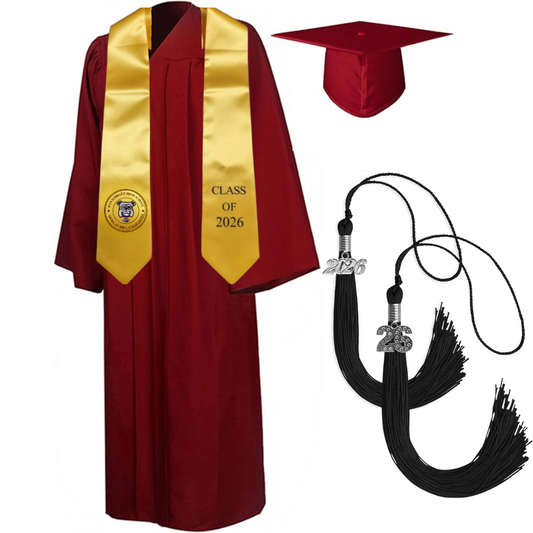 Cap, Gown & Tassel with Ice or Mascot Tassel and Custom School Stole
