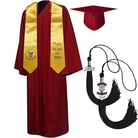 Cap, Gown & Tassel with Ice or Mascot Tassel and Custom School Stole