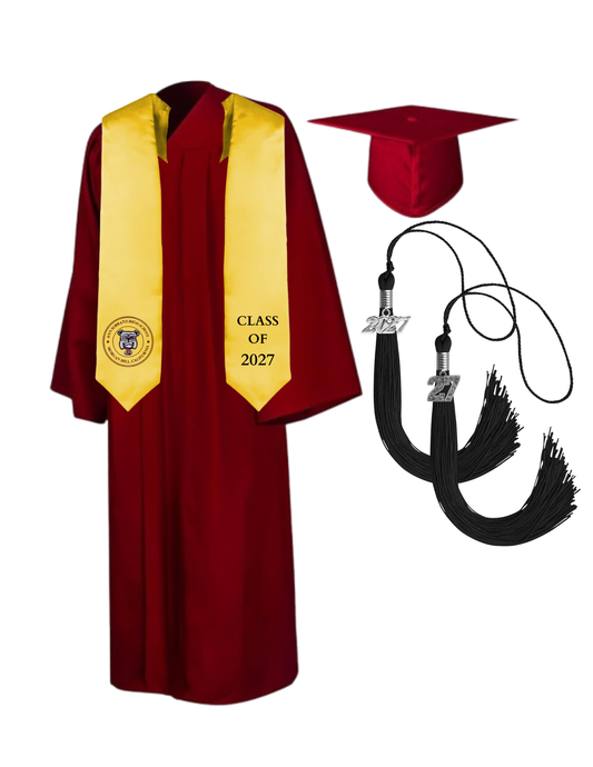 Cap, Gown & Tassel with Ice or Mascot Tassel and Custom School Stole