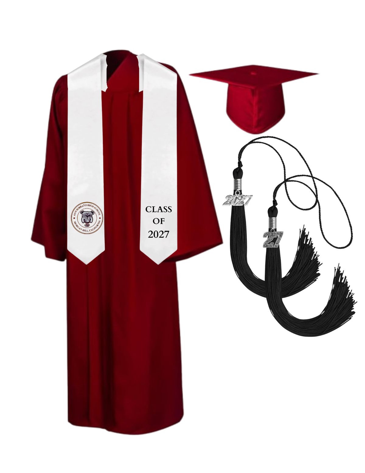 Cap, Gown & Tassel with Ice or Mascot Tassel and Custom School Stole