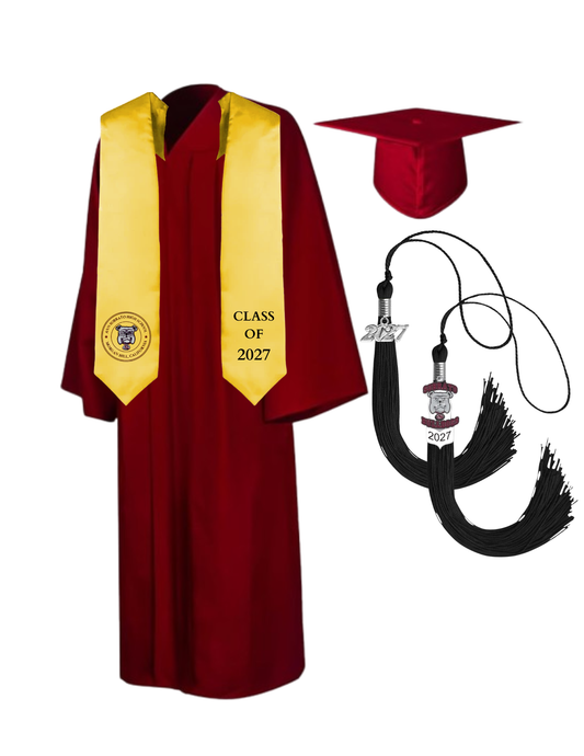 Cap, Gown & Tassel with Ice or Mascot Tassel and Custom School Stole