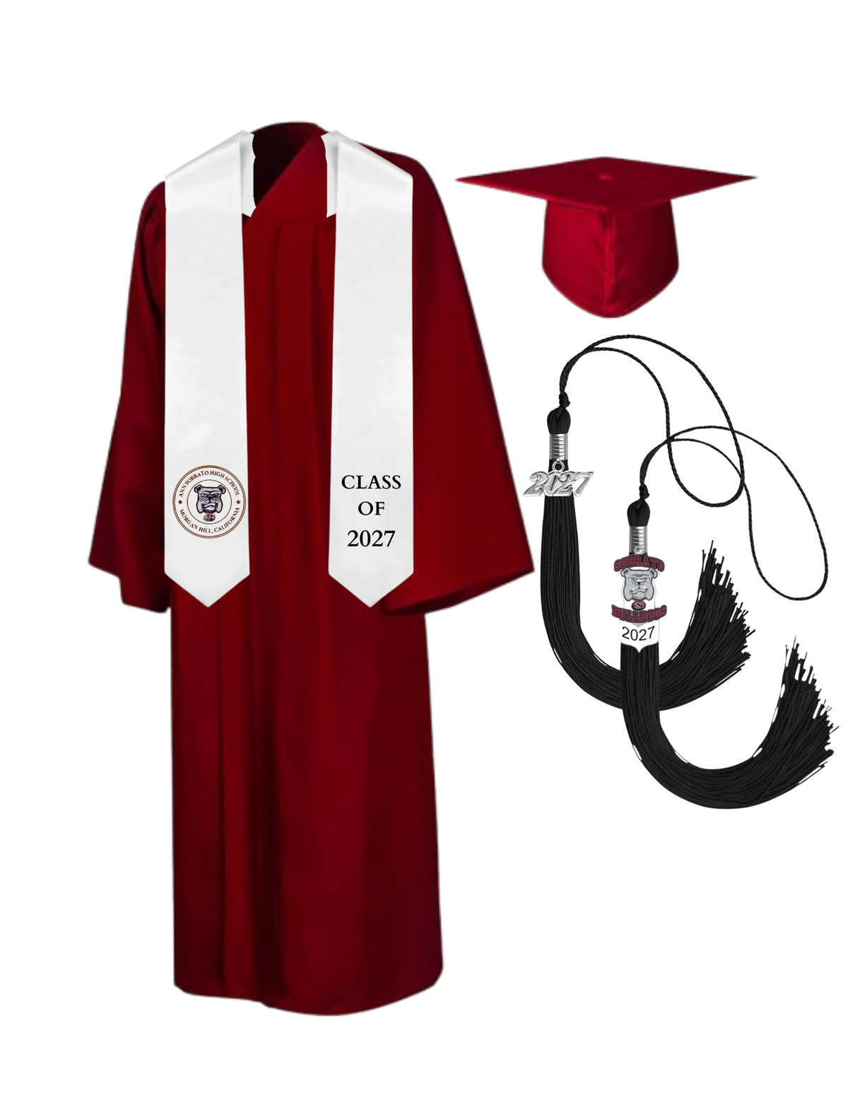 Cap, Gown & Tassel with Ice or Mascot Tassel and Custom School Stole