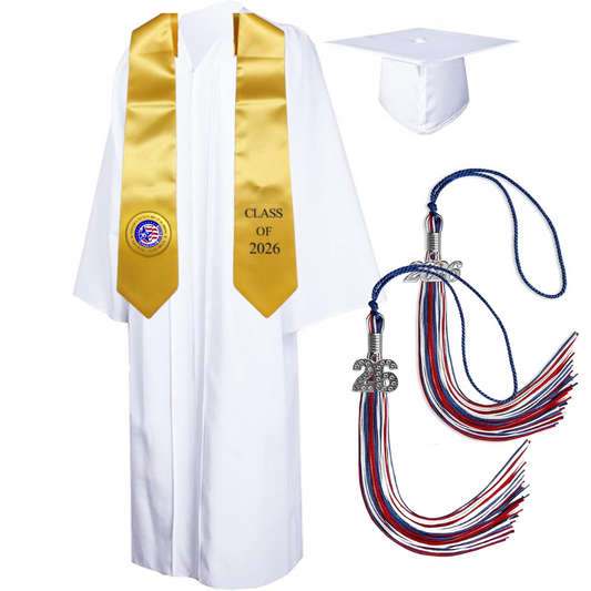 Cap, Gown & Tassel with Ice or Mascot Tassel and Custom School Stole