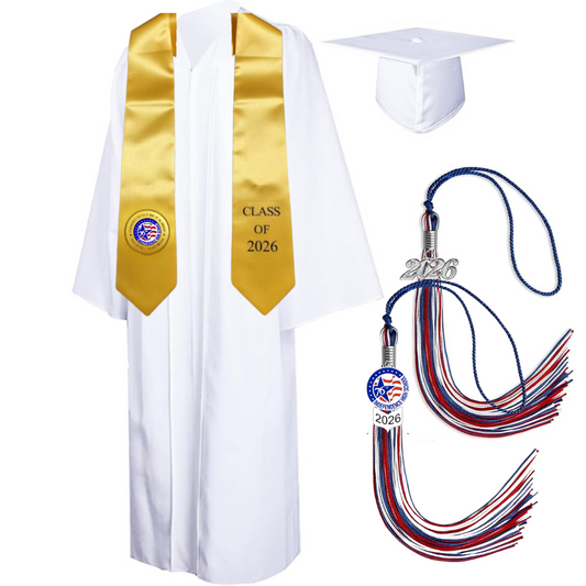 Cap, Gown & Tassel with Ice or Mascot Tassel and Custom School Stole
