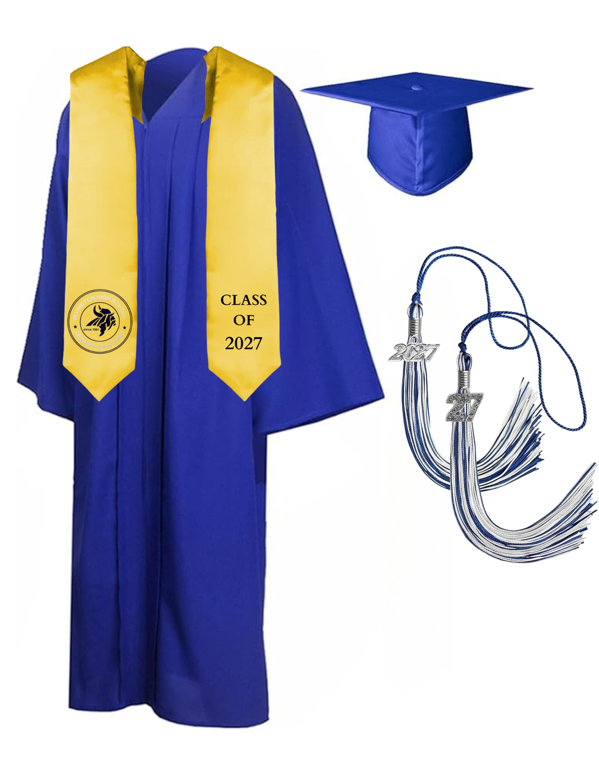 Cap, Gown & Tassel with Ice or Mascot Tassel and Custom School Stole