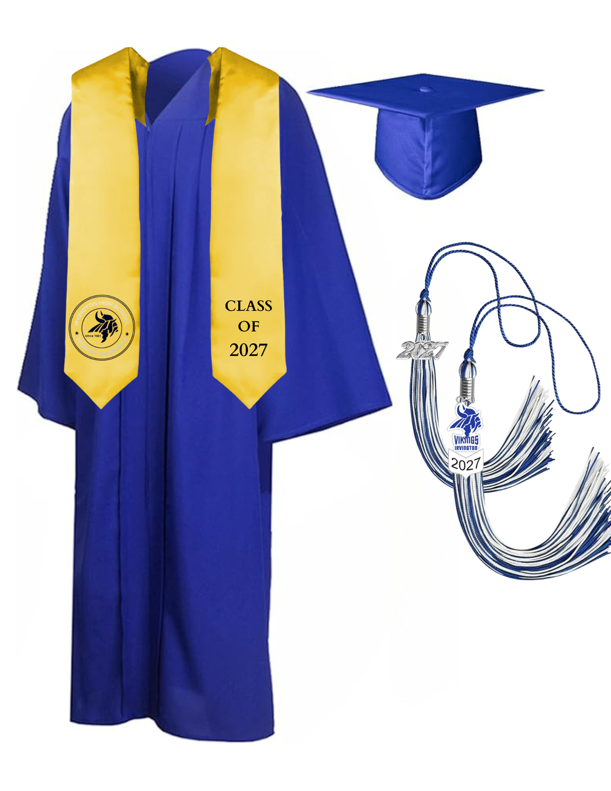 Cap, Gown & Tassel with Ice or Mascot Tassel and Custom School Stole