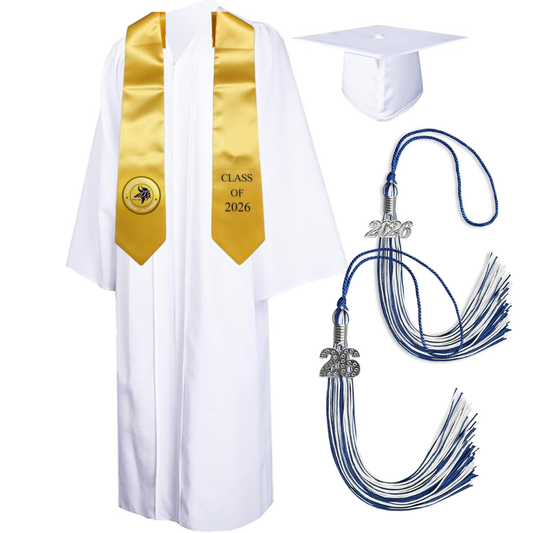 Cap, Gown & Tassel with Ice or Mascot Tassel and Custom School Stole
