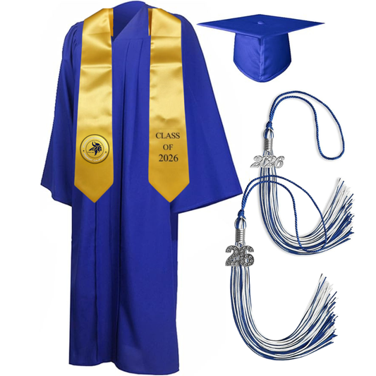 Cap, Gown & Tassel with Ice or Mascot Tassel and Custom School Stole