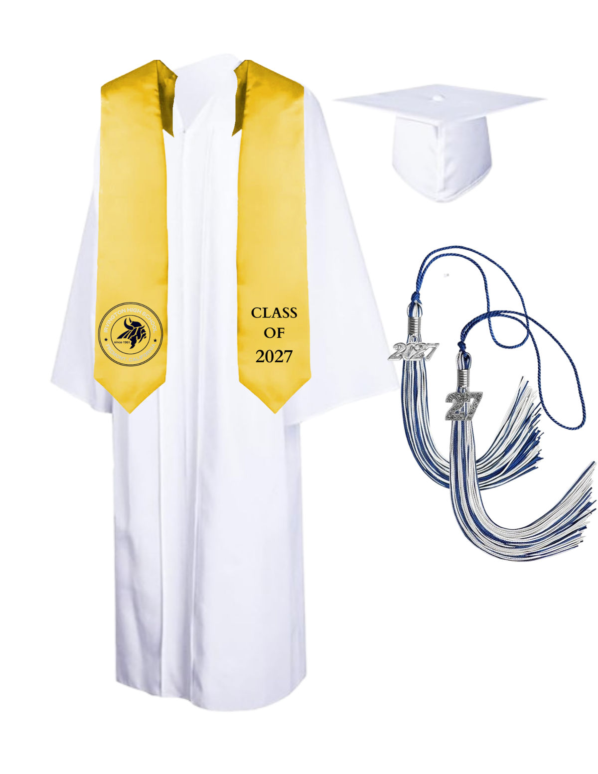 Cap, Gown & Tassel with Ice or Mascot Tassel and Custom School Stole