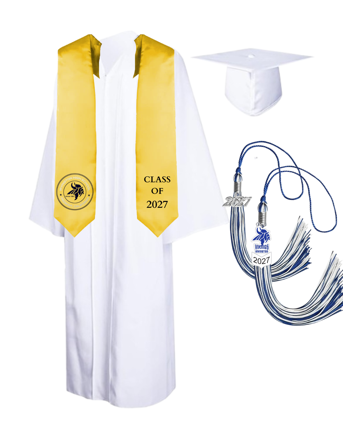 Cap, Gown & Tassel with Ice or Mascot Tassel and Custom School Stole