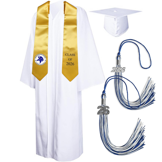 Cap, Gown & Tassel with Ice or Mascot Tassel and Custom School Stole