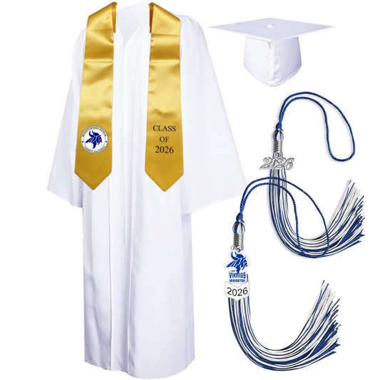 Cap, Gown & Tassel with Ice or Mascot Tassel and Custom School Stole