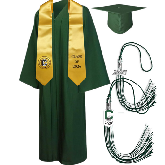 Cap, Gown & Tassel with Ice or Mascot Tassel and Custom School Stole