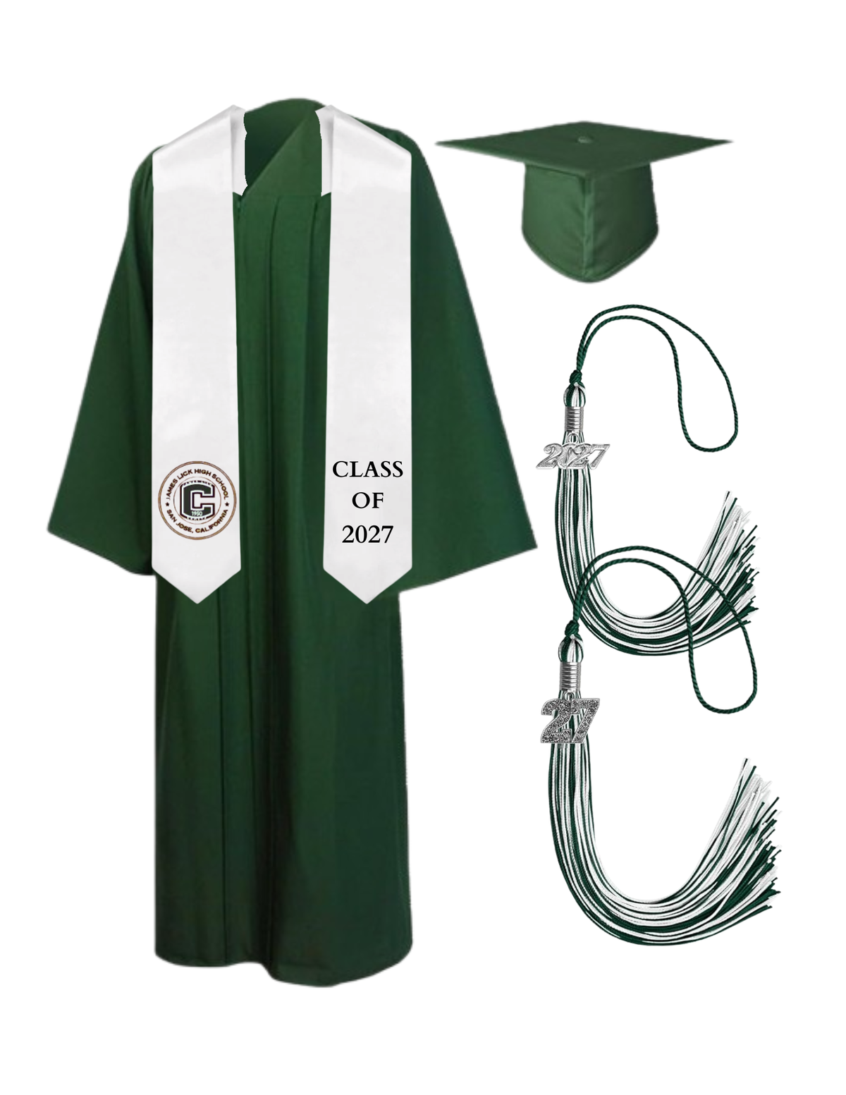 Cap, Gown & Tassel with Ice or Mascot Tassel and Custom School Stole
