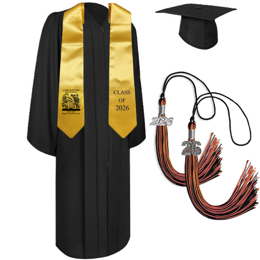 Cap, Gown & Tassel with Ice or Mascot Tassel and Custom School Stole