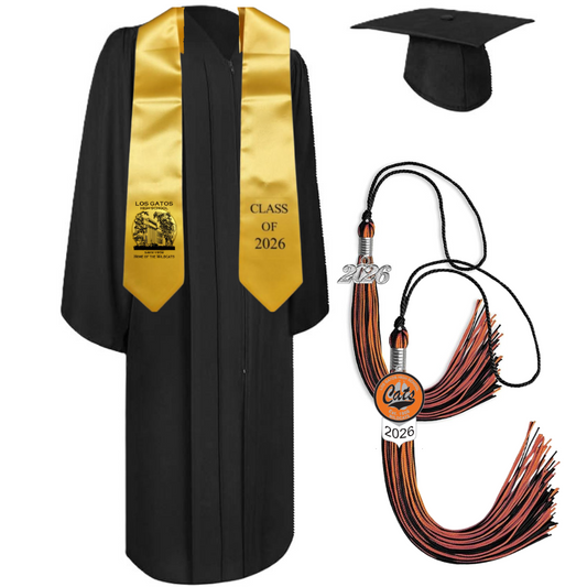 Cap, Gown & Tassel with Ice or Mascot Tassel and Custom School Stole