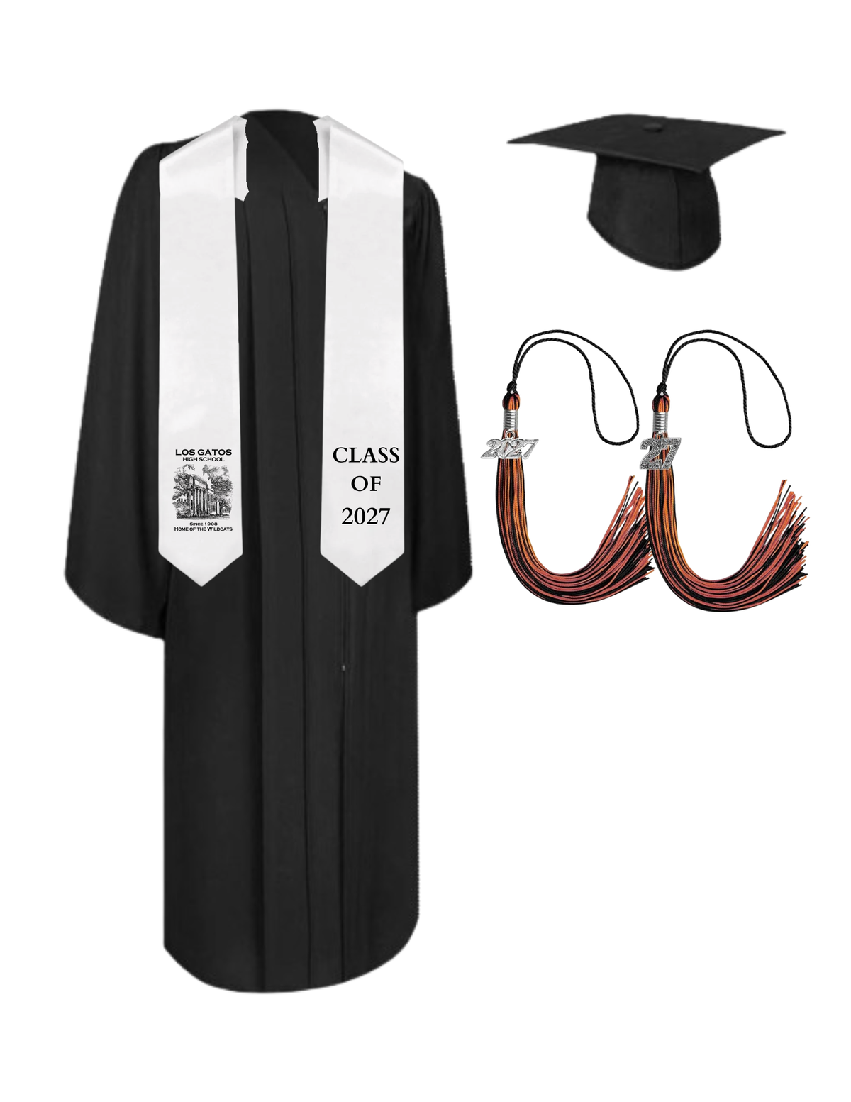 Cap, Gown & Tassel with Ice or Mascot Tassel and Custom School Stole