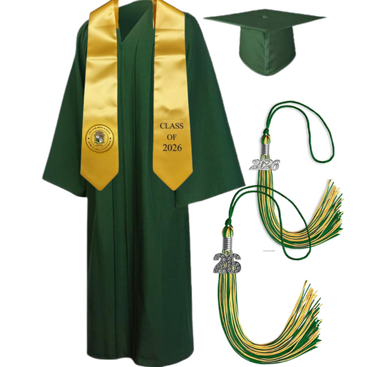 Cap, Gown & Tassel with Ice or Mascot Tassel and Custom School Stole