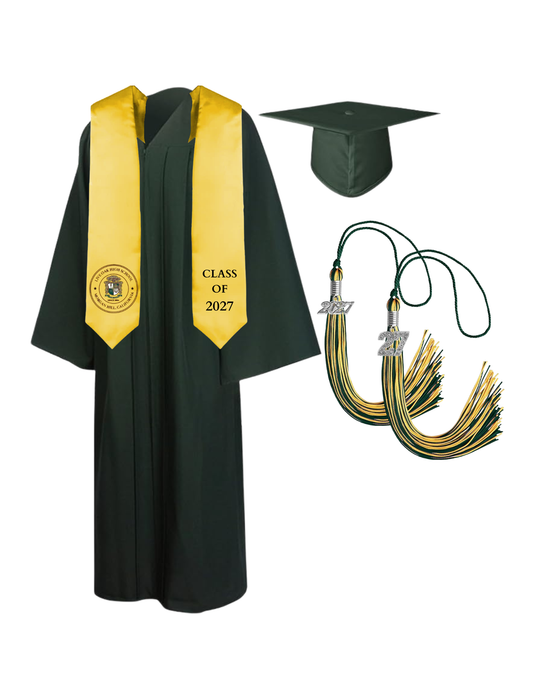 Cap, Gown & Tassel with Ice or Mascot Tassel and Custom School Stole