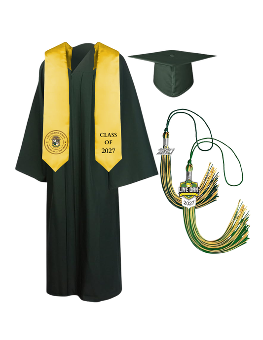 Cap, Gown & Tassel with Ice or Mascot Tassel and Custom School Stole