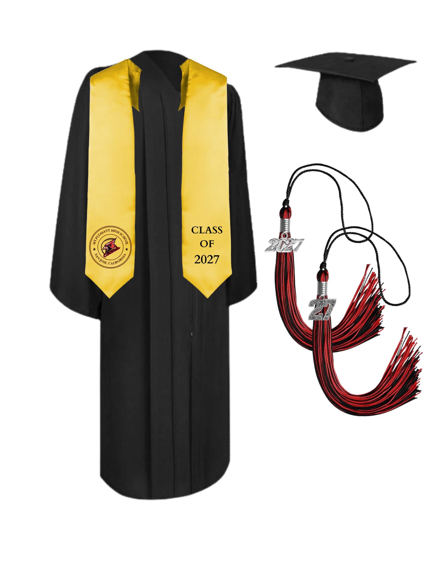 Cap, Gown & Tassel with Ice or Mascot Tassel and Custom School Stole